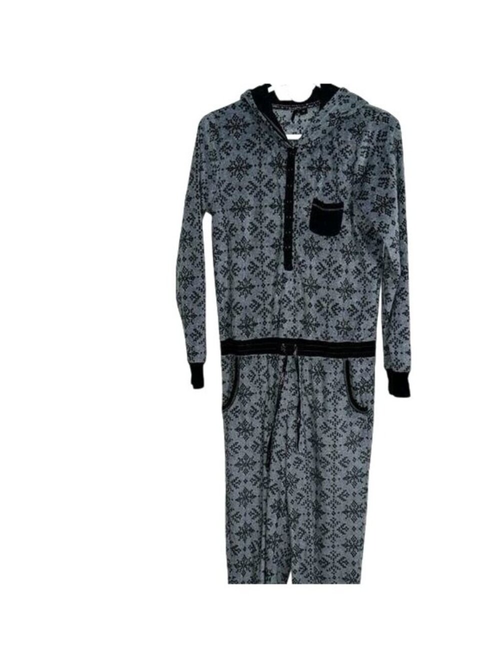 Womens XS Gray & Black Hooded One-Piece Pajama With Snowflake Print & Drawstring